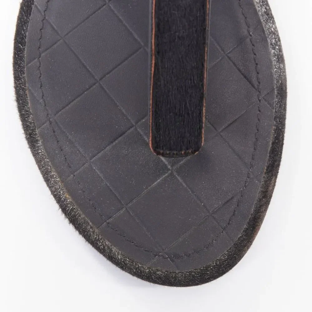 Chanel Black Leather Metallic Trim T-Strap Flat Sandals